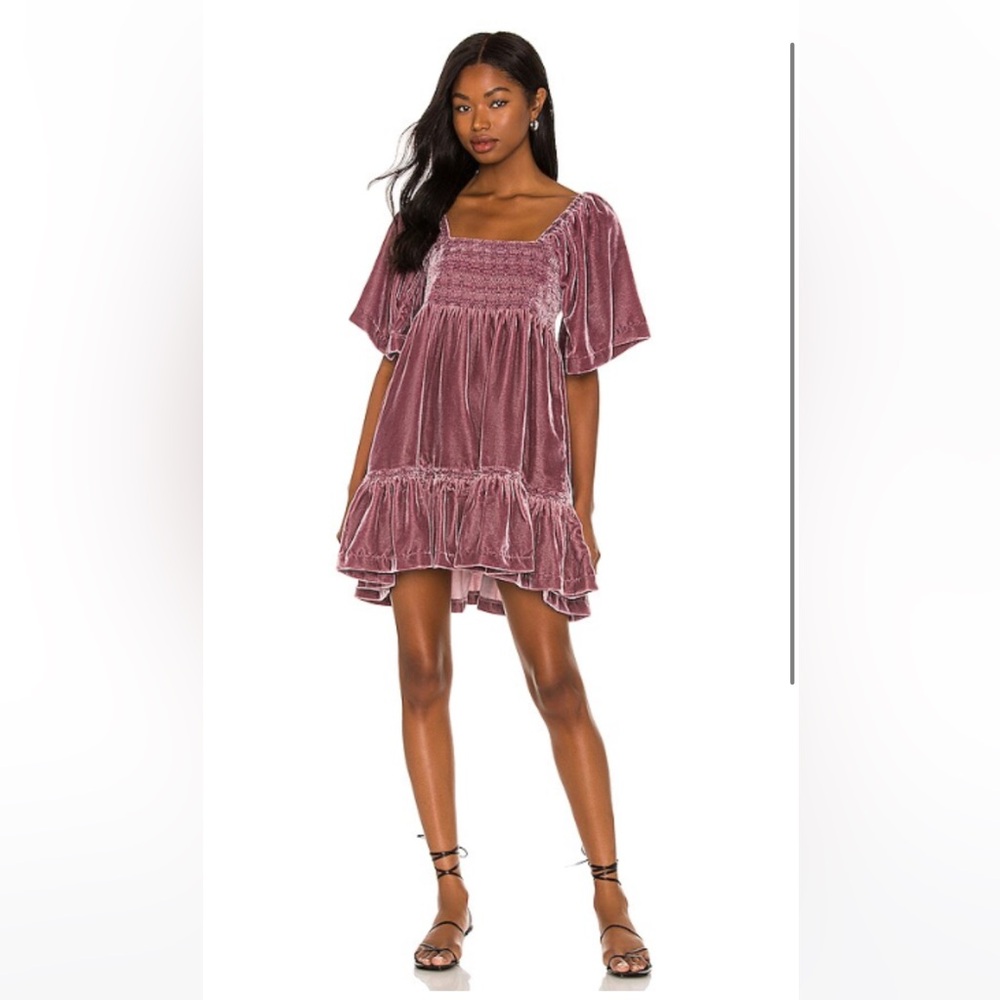 Free People Easy To Love Mini Dress in Currant Medium Embroidered Smocked